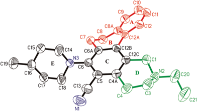 Displacement ellipsoid plot (30% probability) showing the molecular structure of 3b with the atomic labelling.