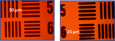 Optical image of patterned rr-P3HT films. The resist film consisting of rr-P3HT (90 wt%), MBMP (5 wt%), and DIAS (5 wt%) was exposed with UV light for 5 min, post-baked at 170 °C for 30 s, and developed with chloroform.