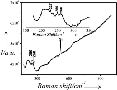 Raman spectrum of the sample C drop cast on silicon single crystal. Inset: The same spectrum magnified in the range 150–350 cm−1.