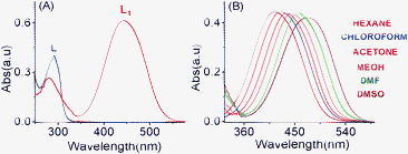 (A) The absorbance spectra of L and L1 (2.0 × 10−5 M) in a CH3CN medium; (B) the absorbance spectra of L1 (2.0 × 10−5 M) in different solvents with varying polarities.