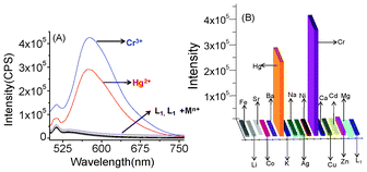 (A) The emission spectra for the chemosensor (L1) (2.0 × 10−5 M) in the absence and presence of 10 mole equivalent of various metal ions, such as Cr3+ , Hg2+, Zn2+, Cu2+, Cd2+, Ni2+, Co3+, Ca2+, Fe2+, Al3+ Mg2+, Na+, Ag+, Sr2+, Ba2+, Sr2+, Li+ and Cs+ in CH3CN; (B) the luminescence response of L1 (2.0 × 10−5 M) to the above representative metal ions (2 × 10−4 M) in CH3CN. The emission intensity was monitored at 575 nm.