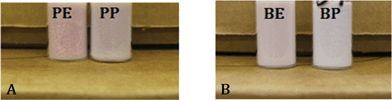 A) As prepared Zn–Co monoliths, PE and PP, prepared with n-butyl glycidyl ether in ethanol and 2-propanol, respectively. B) As prepared Zn–Co monoliths, BE and BP, prepared with propylene oxide in ethanol and 2-propanol, respectively.