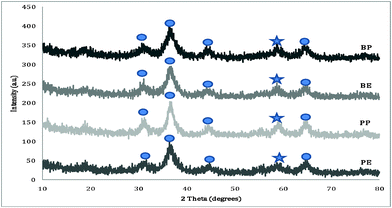 
            Powder X-ray diffraction patterns of 250 °C annealed zinc cobaltite aerogels prepared with propylene oxide (PE and PP) or n-butyl glycidyl ether (BE and BP). (ZnCo2O4is denoted with circles and ZnO with stars.).