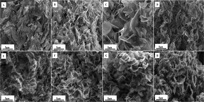 
            SEM images of Zn–Co aerogels: A–D) as prepared PE, PP, BE, and BP, respectively. E–H) annealed PE, PP, BE, and BP, respectively.