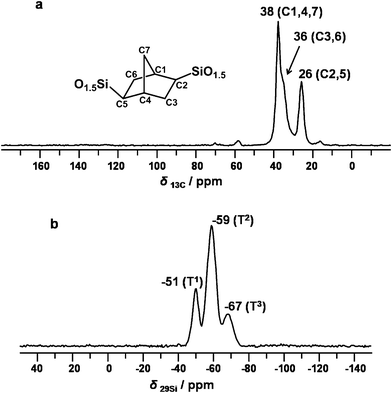 
            13C CP/MAS (a) and 29Si MAS (b) solid-state NMR spectra of the 3D cubic Im3m-type chiral PMO material after the extraction of surfactant.