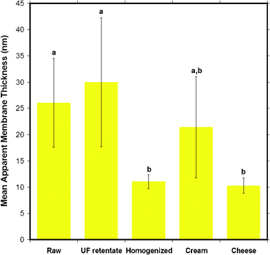 The mean apparent thickness of the MFGM for five different milk samples obtained from AFM force versus indentation data curves. Data presented as mean ± SD of the mean, indicated by the error bars. Means that do not share the same letter indicated above the bar are statistically different (p < 0.05). n= 14, 6, 23, 7 and 7 respectively, for milk samples from left to right displayed in the figure.