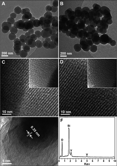 Low-magnification TEM images of (A) MCM-48 and (B) MCM-48@YVO4:Eu3+, high-magnification TEM images of (C) MCM-48 and (D) YVO4:Eu3+@MCM-48 along the [110] direction (insets are the corresponding TEM images along the [111] direction), (E) HRTEM image and (F) EDS of MCM-48@YVO4:Eu3+.