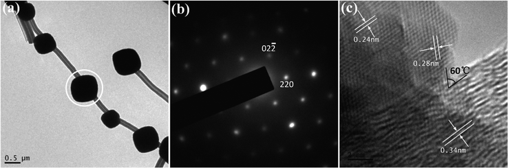 (a) Low magnification TEM image of nanoarchitectures constructed with MWCNTs and Co3O4 particles; (b) SAED pattern of one particle highlighted with white circle in (a); and (c) high resolution TEM image taken at the interface of the particle and MWCNT highlighted with white circle.