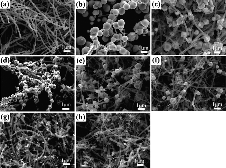 FESEM images of the products synthesized in mixed EG and water solvents at volume ratio of (a) 1 : 1, (b)1 : 3, (c) 1 : 4, (d) 1 : 5, (e) 1 : 6, (f) 1 : 8, (g) 1 : 10, and (h) pure water.