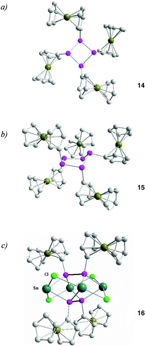 a) the tetraphosphane [FcP]4 (14), the pentaphosphane [FcP]5(15) and c) the presumed SnII termination product (16).