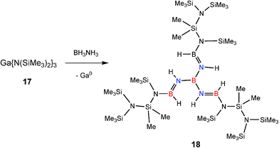 Structure of the conjugated imido borane generated from stoichiometric dehydrocoupling of NH3BH3 with Ga {N(SiMe3)2}3 (17).