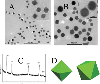 (A and B) TEM images of Pd octahedron produced with 10 mg and 20 mg PdCl2, respectively. (the insert of A and B show enlarged images) (C) XRD pattern of a 10 nm Pd octahedron (D) The corresponding geometric model of octahedron Pd from different directions.