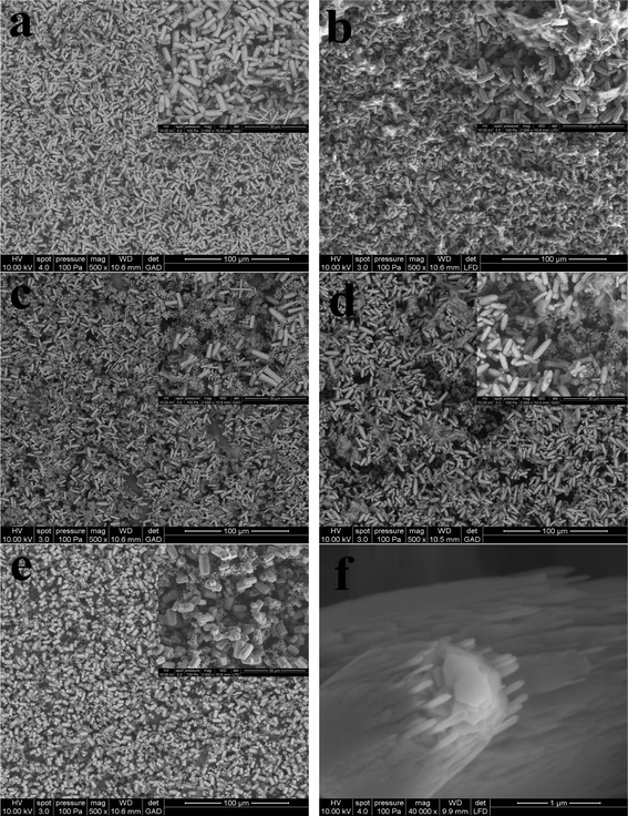 
          FE-SEM photographs of the as-prepared hierarchical ZnO microstructures grown in 100 mM zinc nitrate/mM methenamine and with the addition of 5 mL NaNO3 aqueous solution at 90 °C for 24 h: (a) without NaNO3, (b) 1 mM, (c) 10 mM, (d) 100 mM, and (e) 1 M. Image (f) is the high-resolution SEM photograph of the ZnO microrods grown in 100 mM zinc nitrate/mM methenamine at 95 °C for 24 h.