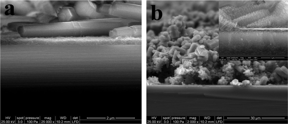 Cross-sectional FE-SEM photographs of the as-prepared hierarchical ZnO in (a) Fig. 1a and (b) Fig. 4e.
