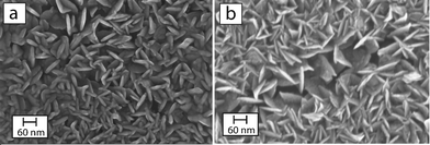 
          FESEM images of (a) TiO2−x nanoplatelets and (b) N-doped TiO2−x nanoplatelets, depicting self standing triangular nanoplatelets, image taken near a deliberately damaged area, to visualize the shape and orientation of the nanoplatelets.