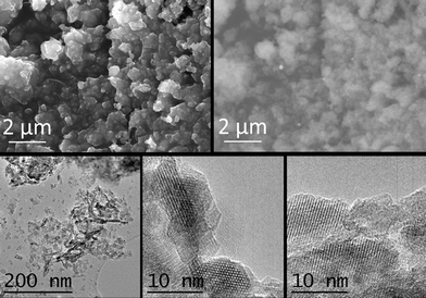 SEM images (SE and backscattered electrons (BSE), above) and TEM images (below) of sample 1/2/1_calc.