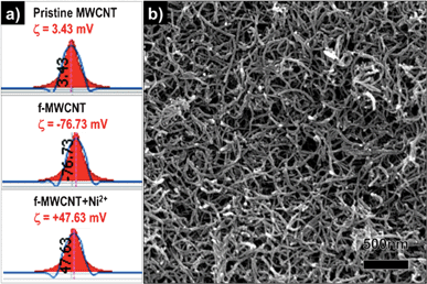 Zeta potential value of (a) pristine MWCNTs, functionalized MWCNTs, and functionalized MWCNTs with Ni salt dispersed in isopropyl alcohol. (b) FESEM image of the as-electrophoretically-deposited MWCNTs on a SS substrate.