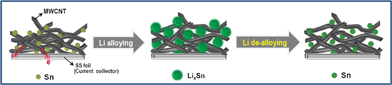 Schematic illustration of the Li-alloying/de-alloying process in Sn-MWCNT nanocomposite electrodes.