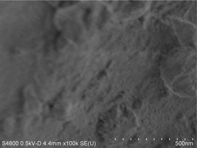 SEM micrographs of micro-porous fluorinated chromia. This micrograph was obtained on an FE-S4800 scanning electron microscope. The sample was prepared by using ultrasonic cleaning.