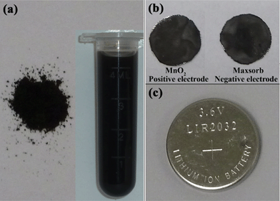 (a) Photographs of MnO2 powder and dispersions in water; (b) MnO2 positive electrode and Maxsorb negative electrode; and a fabricated CR2032 coin-type cells (c).