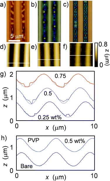 Morphologies of polymer spin coated from a single component solution on microwrinkles. Optical images of PS-coated samples with (a) 0.25, (b) 0.5, and (c) 0.75 wt% THF solution. The blue areas are PS phases. (d)–(f) Corresponding AFM images (102 μm2). (g) Corresponding cross sectional profiles, indicated by white lines in (d)–(f). The profiles of the bare groove surface are intended as a rough guide. (h) Cross sectional profiles of the bare microwrinkle and PVP-coated sample with 0.5 wt% THF solution. Because PVP-coated samples of other concentrations are also smooth and sinusoidal, the images are omitted here.
