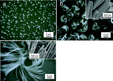 SEM images of the deposits on the ITO prepared by the electro-oxidation of (a) 9H-carbazole, (b) 9-octylcarbazole, and (c) 9-ethylcarbazole at 20 °C. Solvent: (a) and (b), methanol; (c), mixed solvent of methanol and water (1 : 3 vol. ratio). The figures inserted in parts b and c show the corresponding FE-SEM images.