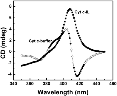 Soret region CD spectrum of cyt c in 0.01 M, pH 7 phosphate buffer, and IL.40