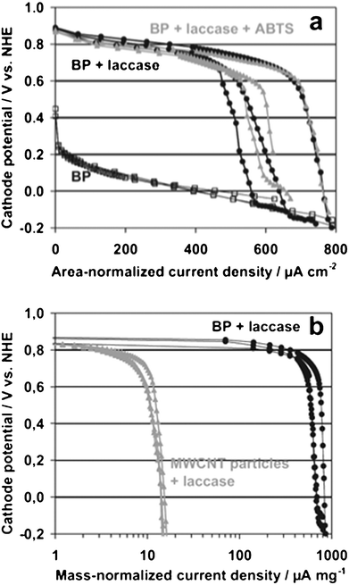 Galvanostatic polarisation curves of different electrodes in O2-saturated citrate buffer. (a) 30 μM thick bucky-paper cathodes without laccase (black squares), with adsorbed laccase (DET, black circles), and 2,2′-azinobis(3-ethylebenzthiazoline-6-sulfonic acid) diammonium salt (ABTS) (mediated electron transfer, gray triangles). (b) Comparison of different MWCNT-based electrodes with the current density normalised to the mass of carbon nanotubes (note the logarithmic scale). Electrodes fabricated as bucky-paper (black circles) and by the conventional technique (gray triangles) were investigated with adsorbed laccase in the absence of a mediator.118