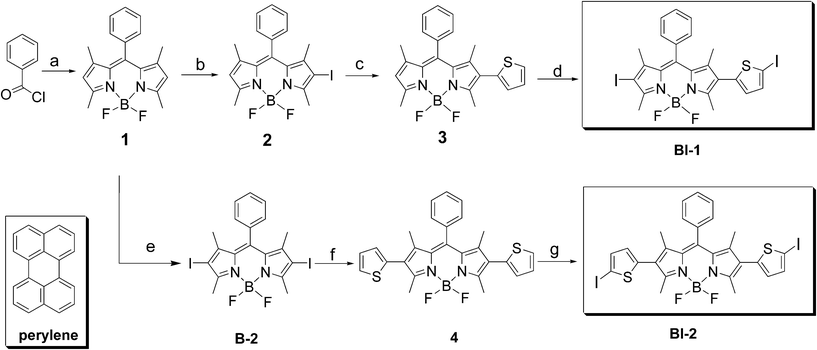 Synthesis of the thiophene-substituted BODIPY triplet sensitizers BI-1 and BI-2. The known organic triplet sensitizer B-2 and the molecular structure of the triplet acceptor perylene are also presented. (a) 2,4-Dimethylpyrrole, under Ar, overnight; TEA, BF3·OEt2, overnight; yield: 55.0%; (b) N-iodosuccinimide (NIS), CH2Cl2; yield: 45.0%; (c) thiophene-2-boronic acid, K3PO4·3H2O, Pd(OAc)2, toluene, ethanol, under Ar, 80 °C, 8 h; yield: 63.4%; (d) CHCl3, glacial acetic acid, NIS, overnight; yield: 70.0%; (e) NIS, CH2Cl2; yield: 77.0%; (f) thiophene-2-boronic acid, K3PO4·3H2O, Pd(OAc)2, toluene, ethanol, under Ar, 80 °C, 8 h; yield: 54.4%; (g) CHCl3, glacial acetic acid, NIS, overnight; yield: 50.0%.
