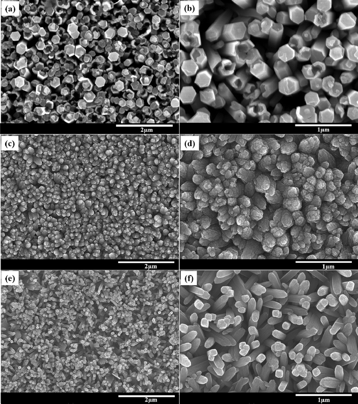 Low and high resolution FESEM images of the TiO2 NR thin films obtained with the precursor solutions of ethanol/DI water with ratios of (a, b) 0 : 100 v/v, (c, d) 50 : 50 v/v and (e, f) 80 : 20 v/v.