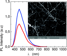 RT PL of necklace like β-Ga2O3 NWs obtained with LauMA50-b-AEMA9 Au MNPs (top trace) and Pd MNPs (lower trace) that were spin coated at 100 and 200 rps respectively for 20 s on Si(001). The inset shows the necklace like β-Ga2O3 NWs obtained using LauMA50-b-AEMA9 (696 mg l−1) Au MNPs.