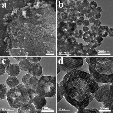 
          SEM (a) and TEM (b–d) images of the calcined HMSN-1.