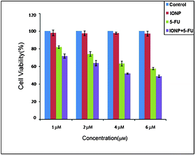 Cytotoxicity of control, IONPs, 5-FU and 5-FU tagged IONPs with different concentrations after 24 h incubation.