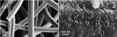 Carbon fibers: (a) FESEM image of the carbon fiber before synthesis; (b) magnified view of the carbon fiber surface.
