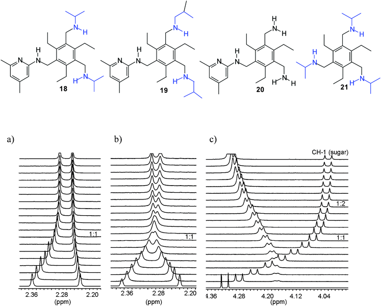 (a,b) Partial 1H NMR spectra (400 MHz; CDCl3) of receptor 18 before (bottom) and after the addition of β-glucoside 2a (a) and β-galactoside 5a (b); [18] = 0.97 mM, equiv. of 2a or 5a: 0.00–4.80. Shown are pyridine CH3 resonances of 18. (c) Partial 1H NMR spectra of sugar 2a before (bottom) and after the addition of receptor 18 (inverse titration); [2a] = 0.78 mM, equiv. of 18: 0.00–4.99.15