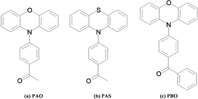 Phenothiazine and phenoxazine derivatives: (a) 1-(4-phenoxazin-10-yl-phenyl)-ethanone (PAO), (b) 1-(4-phenothiazin-10-yl-phenyl)-ethanone (PAS), (c) (4-phenoxazin-10-yl-phenyl)phenyl-methanone (PBO).