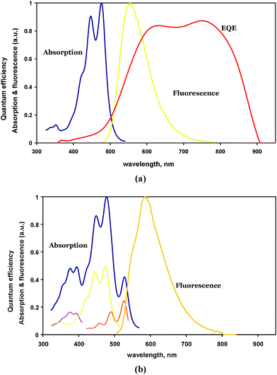 (a) A single dye absorption and fluorescence spectrum. (b) The absorption and fluorescence of a mixture of dyes with energy transfer. Note the red shift of fluorescence.