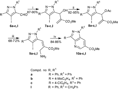 
          Reagents and conditions: (i) methyl acrylate (1.1 eq), neat, rt, 40–58 h; (ii) AcCl (1.5 eq), Py (1.3 eq), CH2Cl2, 0 °C-rt, 1 h; (iii) NH3–MeOH, rt, 30 min; (iv) CuI (0.1 eq), l-proline (0.2 eq), K3PO4 (2.0 eq), DMSO, 80 °C, 12 h.