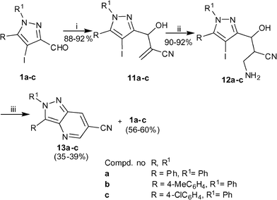 
          Reagents and conditions: (i) acrylonitrile (1.1 eq), neat, rt, 24 h; (ii) NH3–MeOH, rt, 6–8 h; (iii) CuI (0.1 eq), l-Proline (0.2 eq), K3PO4 (2.0 eq), DMSO, 80 °C, 12 h.