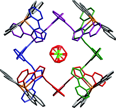 A view of one of the two independent complex cations in [Cu8(μ–L)8(Lbiph)4] (ClO4)8•2(dmf)•4(acetone) (the other is essentially identical). It lies on a twofold axis running vertically through the centre in this image such that opposite ligands (e.g. blue and green) are crystallographically equivalent. In the centre is a highly disordered perchlorate anion. For typical Cu–N bond distances, see main text.