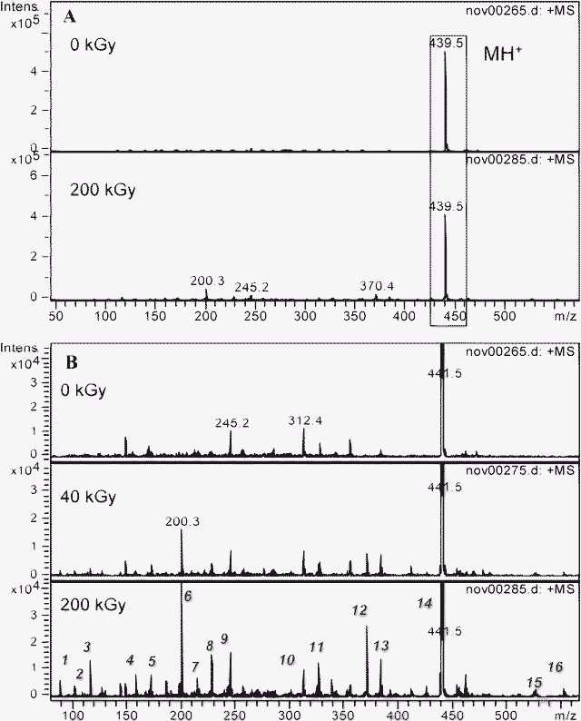 Electrospray ionization mass spectra of a 10−1 mol dm−3 DMDBTDMA solution in n-octane after radiolysis in the m/z = 70–600 range. MH+ is the protonated form of the initial malonamide. A: before and after irradiation at 200 kGy. B: influence of the irradiation dose, focus on the low intensity peaks.