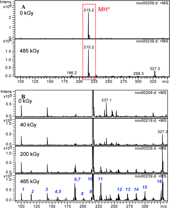 Electrospray ionization mass spectra of a 10−1 mol dm−3 TEMA solution in n-octane after radiolysis in the m/z = 100–350 range. MH+ is the protonated form of the initial malonamide. A: before and after irradiation at 485 kGy. B: influence of the irradiation dose, focus on the low intensity peaks.