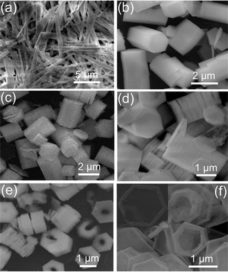 SEM images of Bi2O3 samples with typical structures in the presence of different molar ratios of citrate ion/Bi3+: (a) long nanorods, without citrate ions; (b) short microrods, molar ratio of citrate ion/Bi3+ of 0.02; (c) short and fat microrods, 0.2; (d) stacked cylinders made of several or tens of nanoplates, 2; (e) nanoplates with holes, 5; (f) hexagonal nanorings, 10.