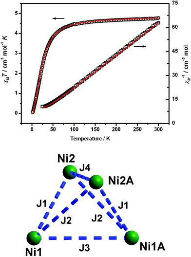 Top: Plot of χMT vs. T of 2 in an applied field of 2kOe. The solid lines represent the best-fit calculations. Bottom: The magnetic exchange interactions between the metal centers. Ni3 and Ni3A are omitted due to the diamagnetic properties.