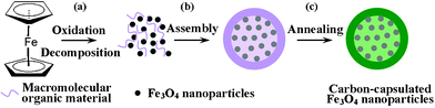 Schematic of formation process of mesoporous Fe3O4@C nanospheres: (a) tiny Fe3O4 nanoparticles were formed viaferrocene decomposition in the presence of hydrogen peroxide; (b) larger secondary clusters were achieved via aggregating of these tiny nanoparticles under supersaturated solution to lower the system energy; (c) a thin carbon layer was generated on the surface of Fe3O4 nanosphere clusters during the annealing process, resulting in mesoporous interconnected Fe3O4@C nanospheres assembled from tiny nanoparticle subunits.