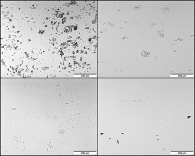 Light microscopy pictures of microcrystalline cellulose suspended/dissolved in pure buffer (upper left), or 60 (upper right), 85 (lower left) or 90% (v/v) (lower right) [EMIM]AcO solutions in buffer. The magnification is 100.
