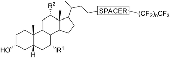Fluorinated bile acid-based gelators by Maitra et al. In LCA-derivatives R1 = R2 = H; DCA-derivatives R1 = H, R2 = OH; CA-derivatives R1 = R2 = OH. The spacer is either –(CO)–OCH2– (type P) or –O–(CO)– (type Q); n = 1, 6, 8 (with spacer type P) or n = 6, 8, 9, 10, 12 (with spacer type Q).
