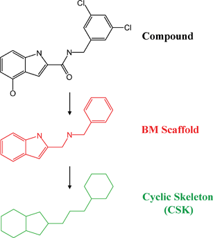 
            BM scaffold and CSK. The extraction of a BM scaffold (red) from a compound and its further abstraction to a CSK (green) are illustrated. The BM scaffold is generated by removing all R-groups from the molecule and the CSK is derived from the BM scaffold by converting all heteroatoms to carbon and by setting all bond orders to one.