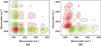 2D synchronous (a) and asynchronous (b) spectra of PNIPAM/D2O solution with 0.4 mol L−1 [Bmim][BF4] in ν(C–H) region during heating generated from all the spectra at 33 to 37 °C. Warm colors (red) refer to positive intensities, while cold color (green) to negative ones.