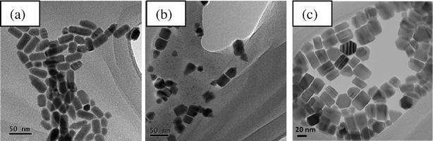 TEM images of CdSe nanocrystals synthesized with DDPA-to-Cd mole ratios of (a) 3 : 1, (b) 4 : 1 and (c) 5 : 1.